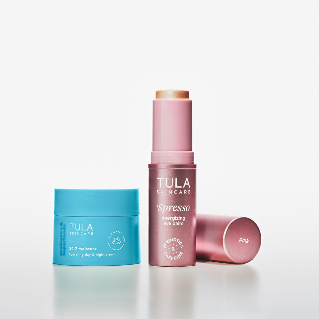 TULA Skin Care Pink 'Spresso Energizing Eye Balm 0.35 oz + Travel-Size 24-7 Hydrating Day & Night Cream 0.5 oz, 2-Piece Holiday Kit