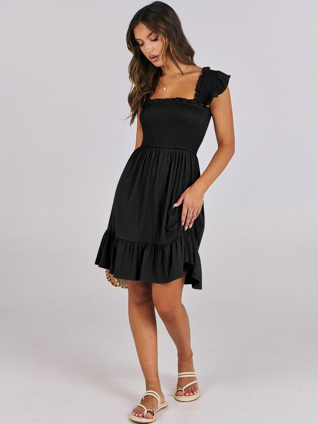 ANRABESS Women's Summer Casual Sleeveless Square Neck Dress 2025 Smocked Ruffle Backless Boho Beach Cute Teen Short Sundress Black Medium