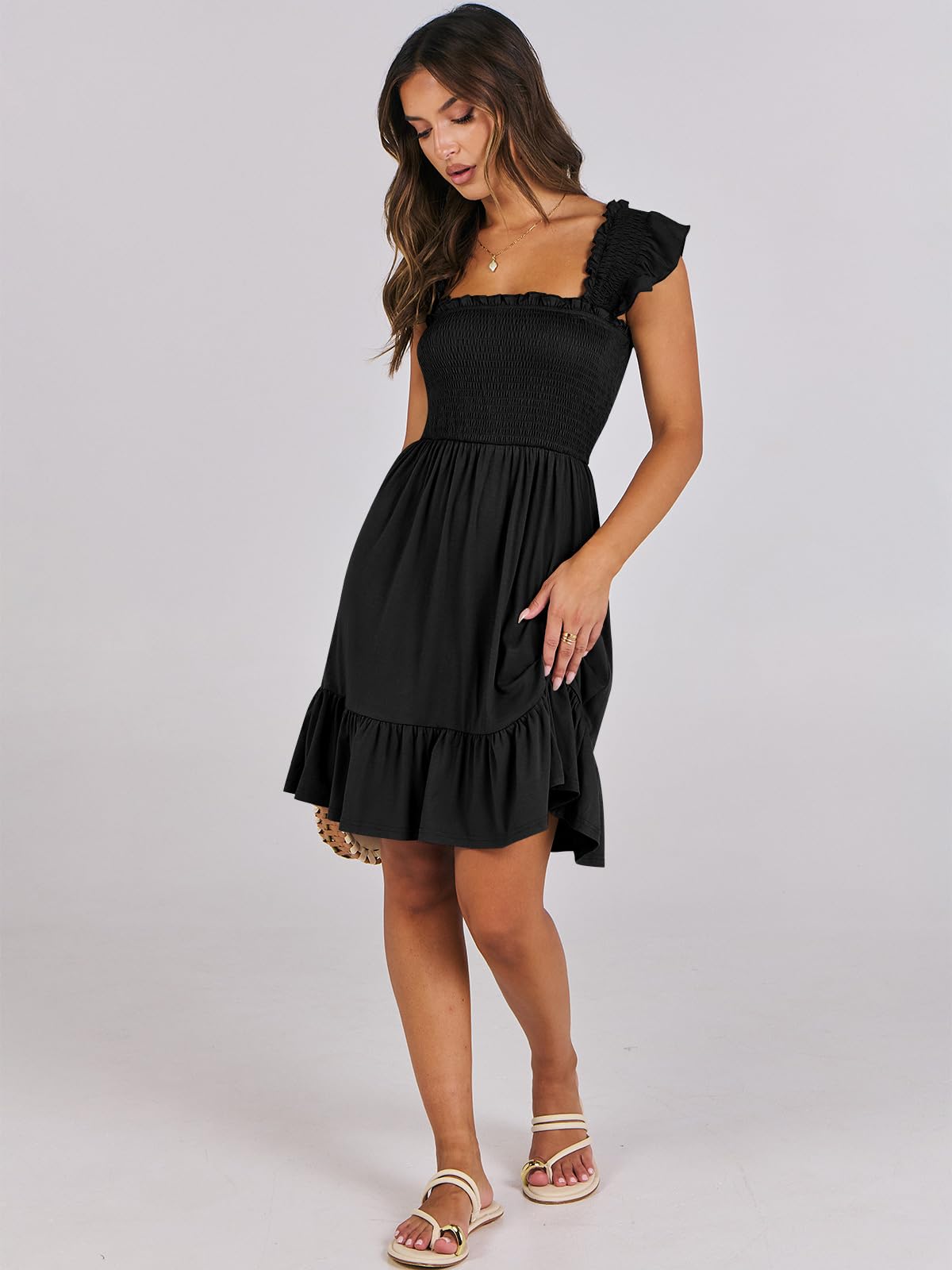 ANRABESS Women's Summer Casual Sleeveless Square Neck Dress 2026 Smocked Ruffle Backless Boho Beach Cute Teen Short Sundress Black Large