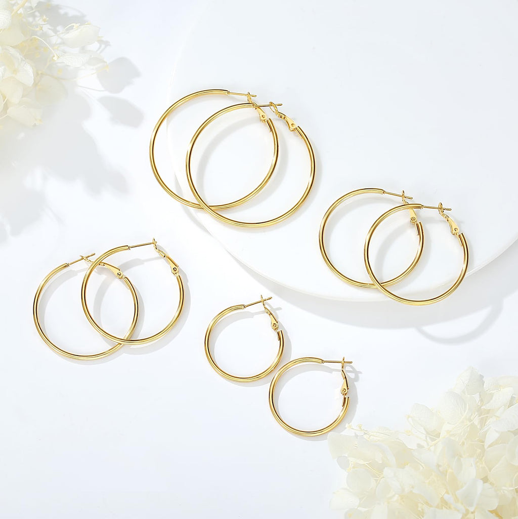 PICKBEAU Gold Large Hoop Earrings for Women | 14K Real Gold Plated Hypoallergenic Big Round Circle Hoops Women's Loop Earrings Set for Women(30/40/50/60mm)