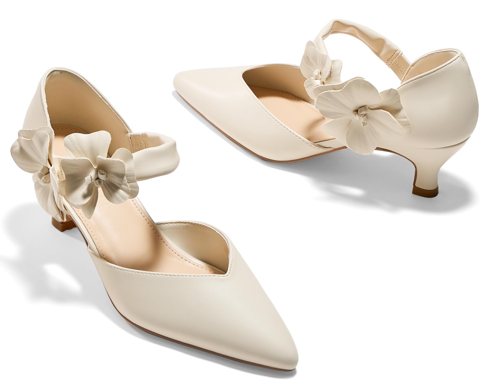 GotSoft Womens Low Kitten Heels Pointed Toe Slip on Pumps Flower Ankle Strap Elegant Party Wedding Dress Shoes, Beige, Size 8.5