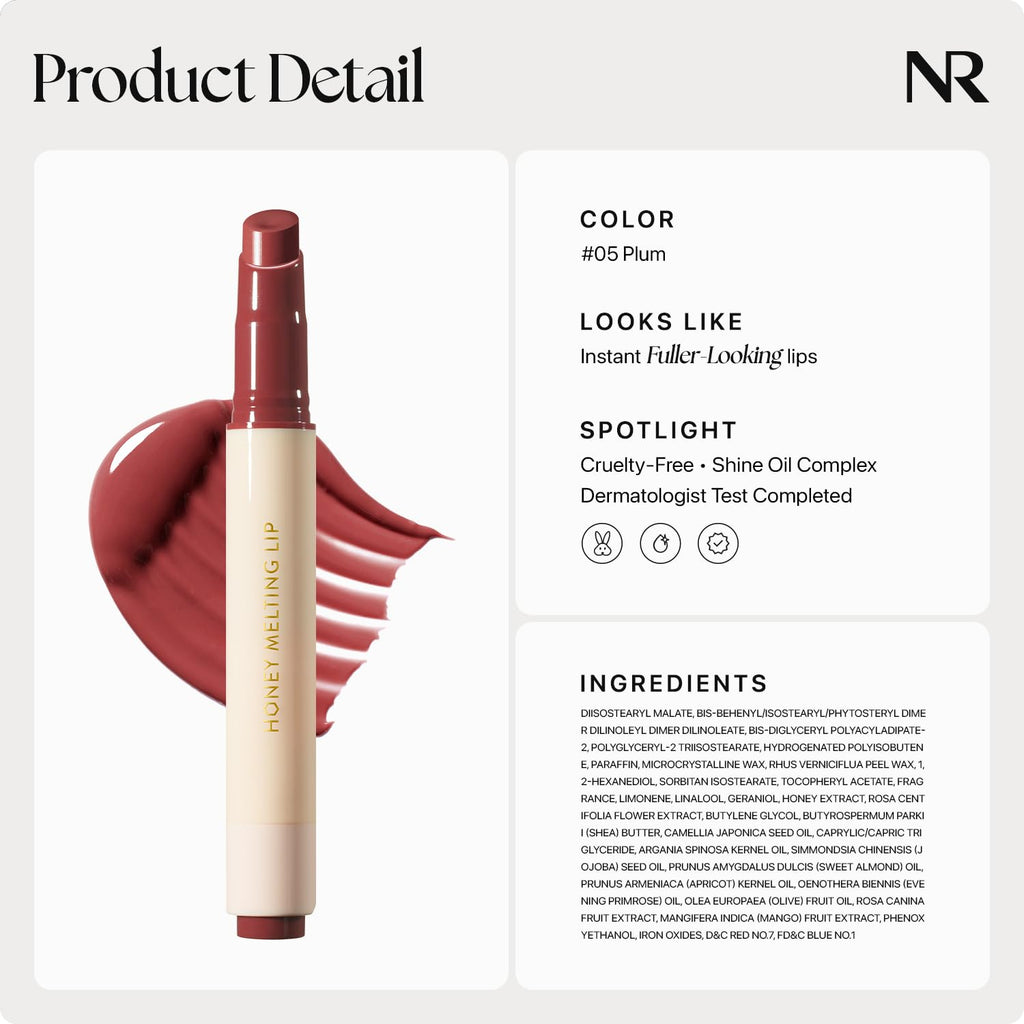 Nature Republic HONEY MELTING LIP (05 PLUM) SOFT LIP STICK, Hydrating Gloss, Moisturizing balms, Sheer tint, Shine & Glowy Finish, korean make up