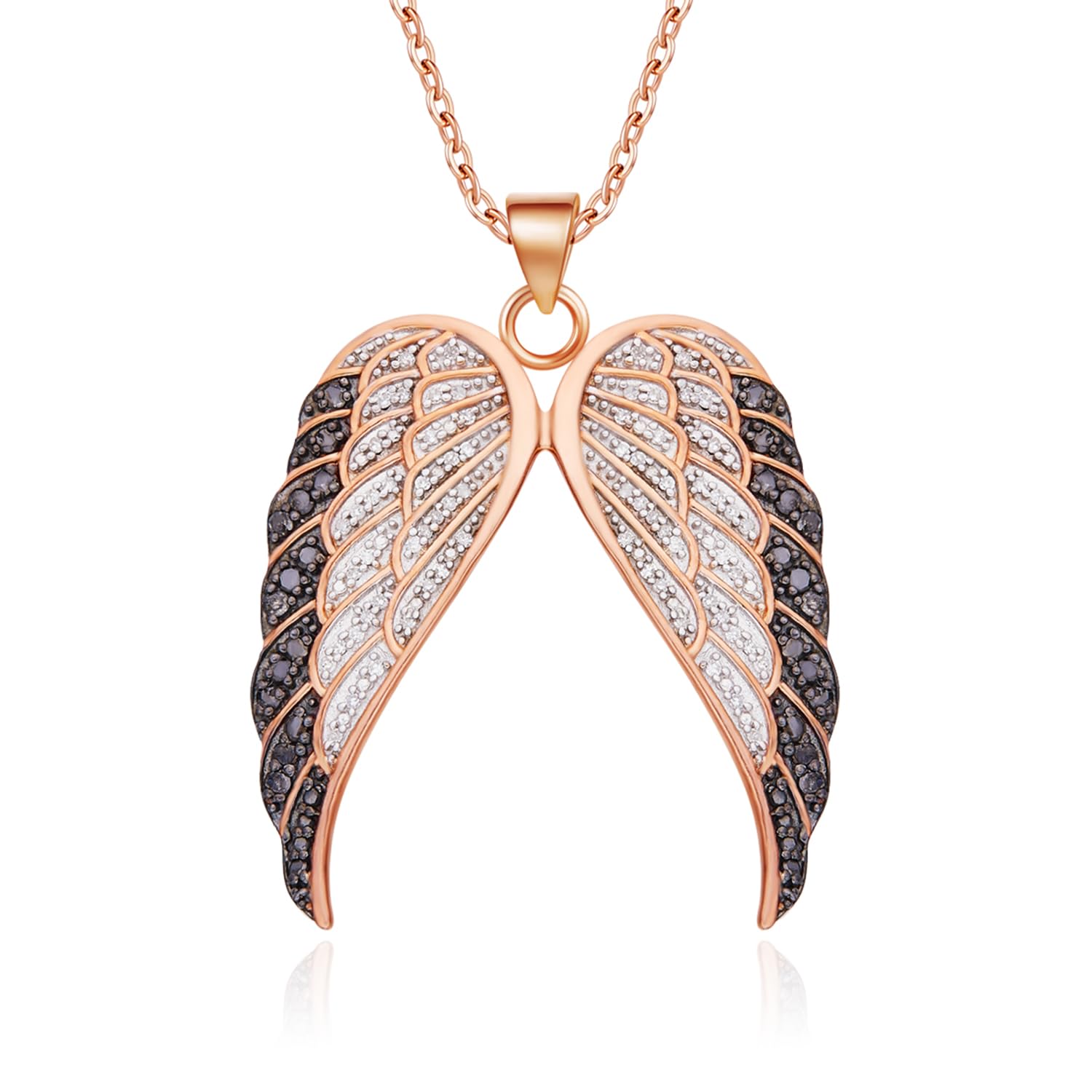 AFFY 1/2 Carat Round Cut White & Enhanced Black Natural Diamond Angel Wings Pendant Necklace In 14k Rose Gold Over Sterling Silver (0.50 Cttw) With 18" Chain