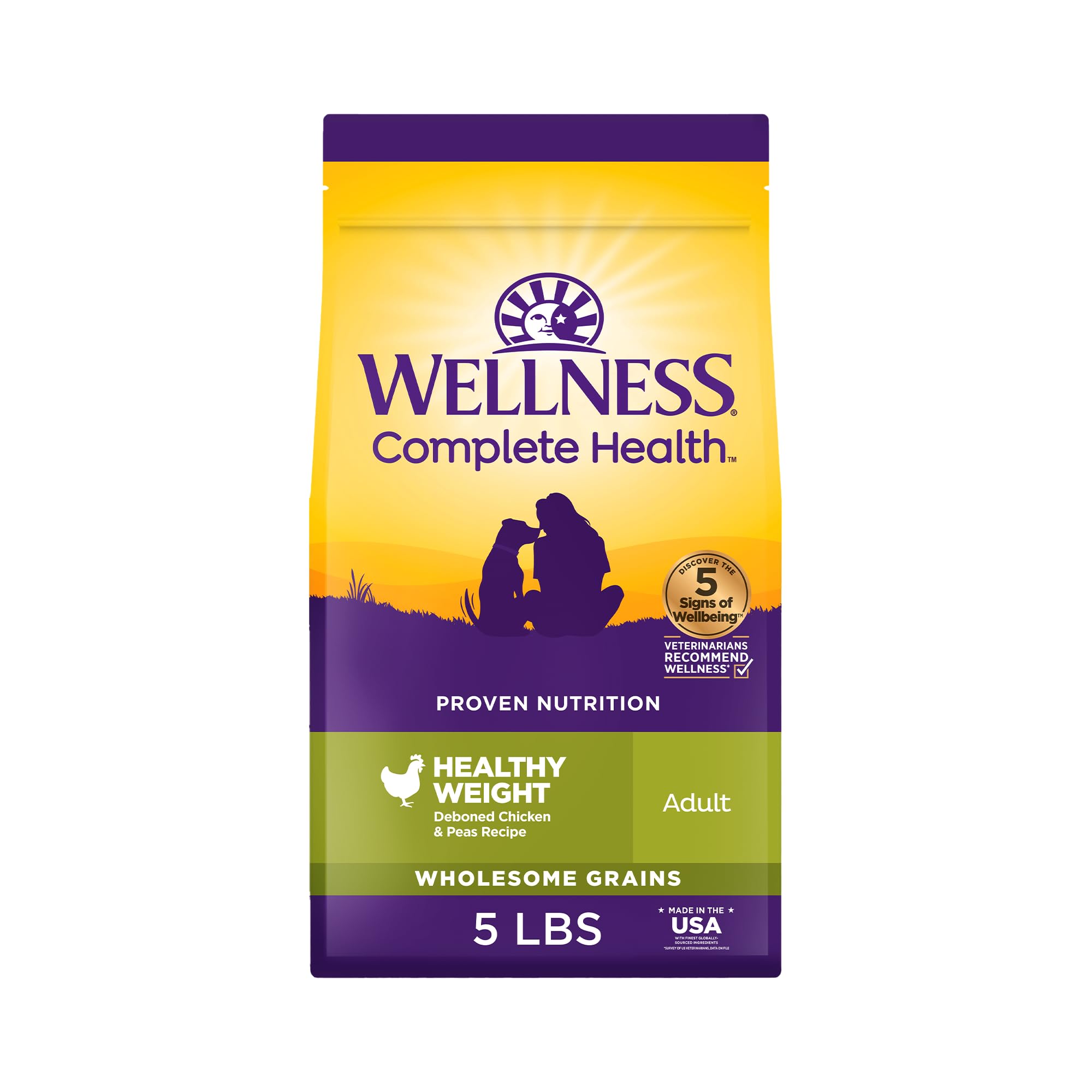 Wellness Complete Health Dry Dog Food, Wholesome Grains, Natural, Healthy Weight Chicken & Peas Recipe, (5-Pound Bag)