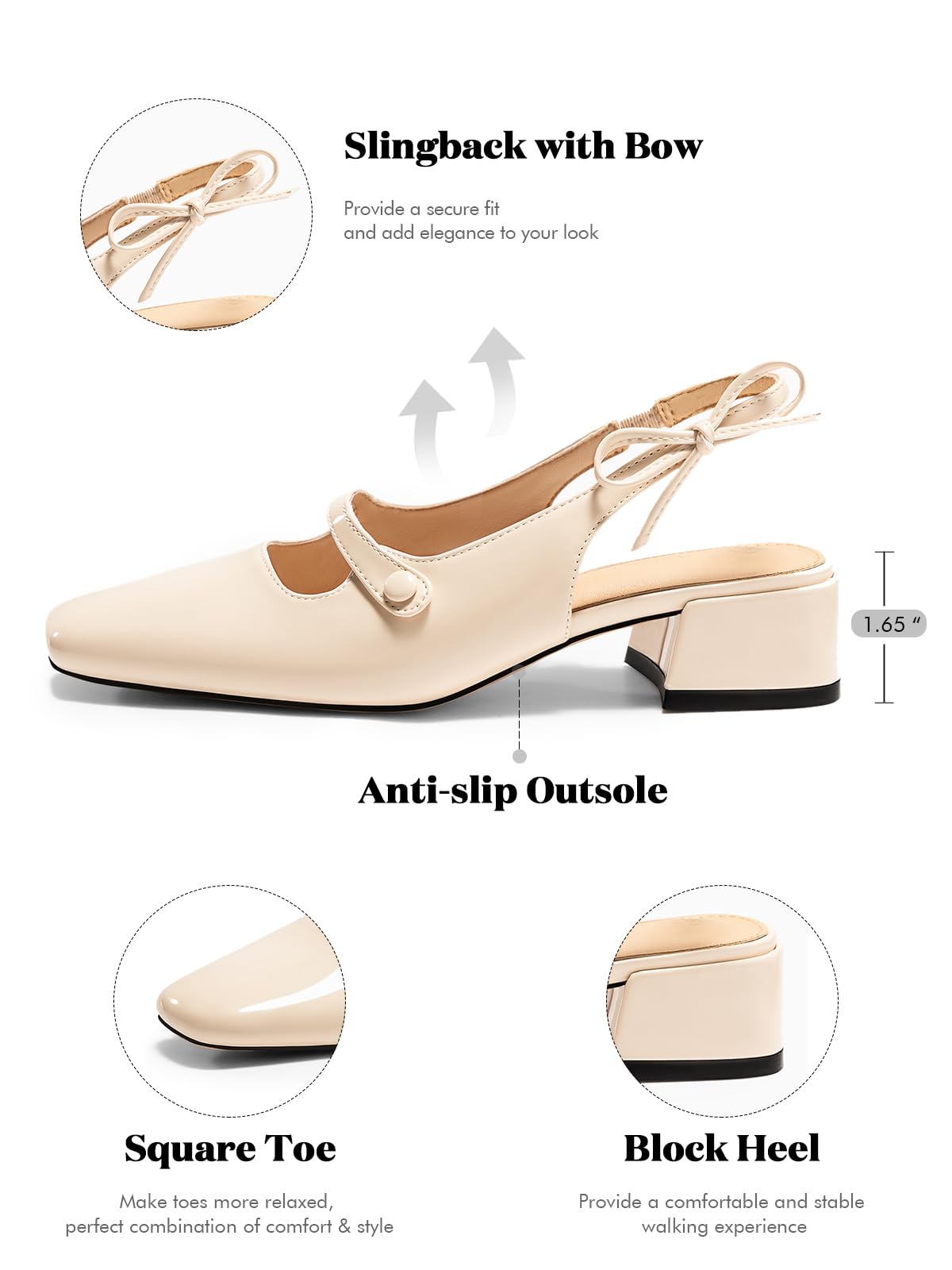 Coutgo Womens Mary Jane Shoes Slingback Chunky Low Heels Bow Closed Square Toe Pumps Wedding Party Dress Shoes, Apricot, Size 6