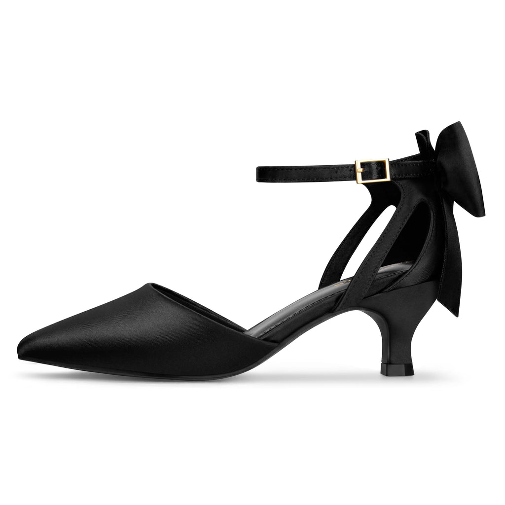 Carcuume Women's Kitten Heels with Bow Closed Toe Pumps Ankle Strap Wedding Shoes, Beni-Black Satin-8