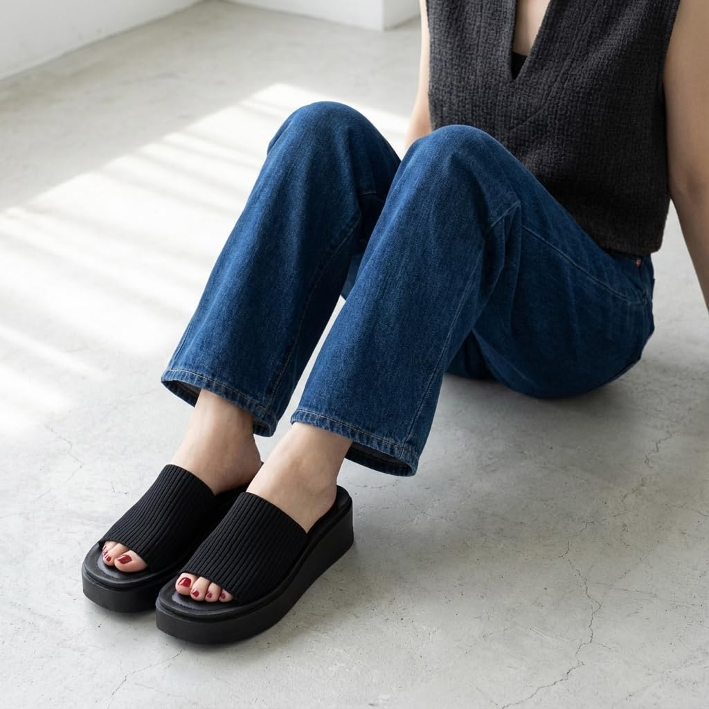 CUSHIONAIRE Pim Wedge Chunky Platform Womens Sandals with Firm Knit Upper & Memory Foam Summer Sandals for Women 2026, BLACK 7