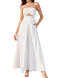 HTZMO Women Floral Maxi Sundress Beads Boho Summer Halter Tie Cut Out Beach Vacation Casual Long Dresses with Pockets White L