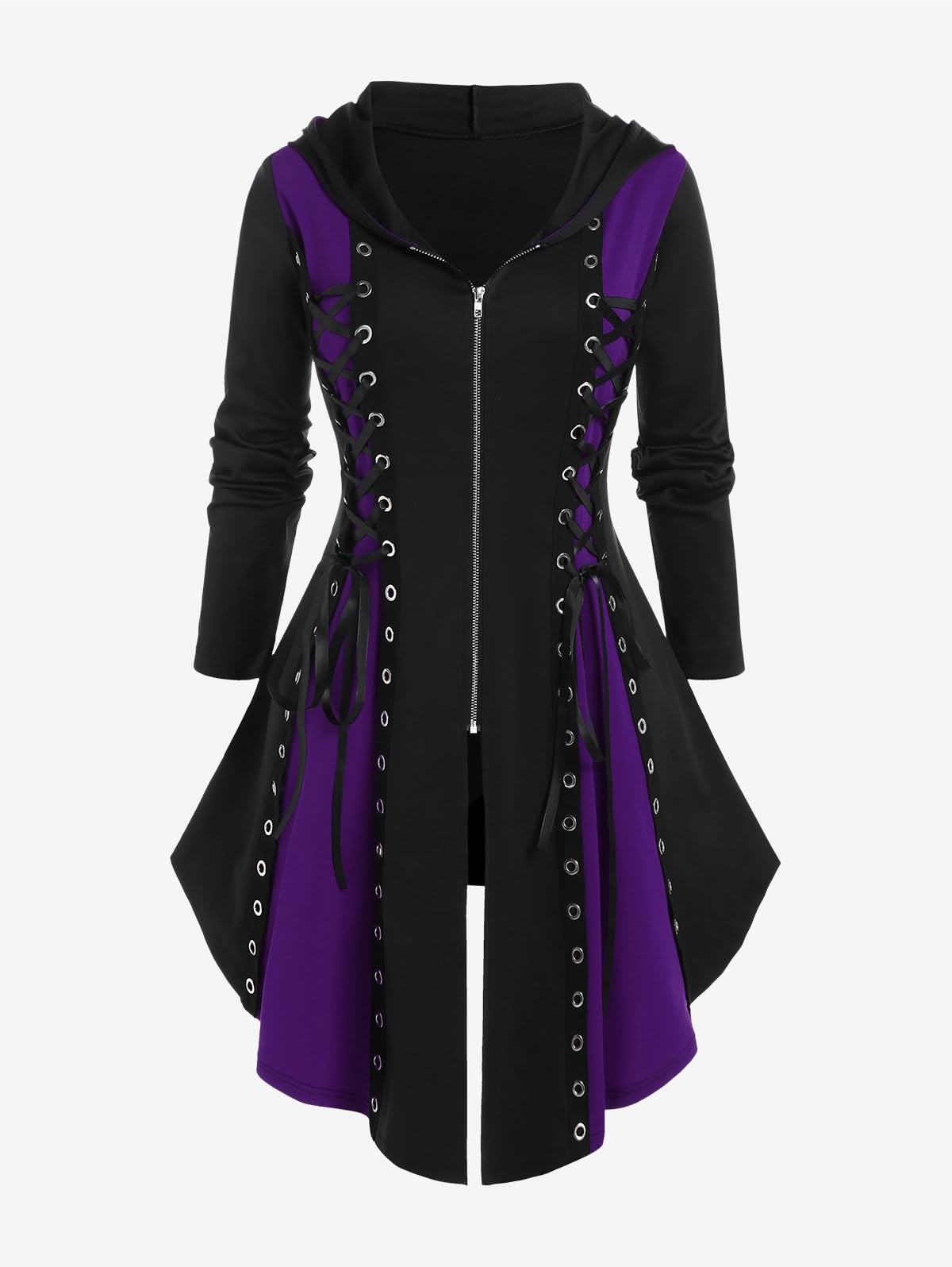 ROSE GAL Womens Plus Size Hooded Lace-up Grommets Color Block Gothic Zip Front Asymmetrical Hem Long Sleeve Top(Purple/4X)