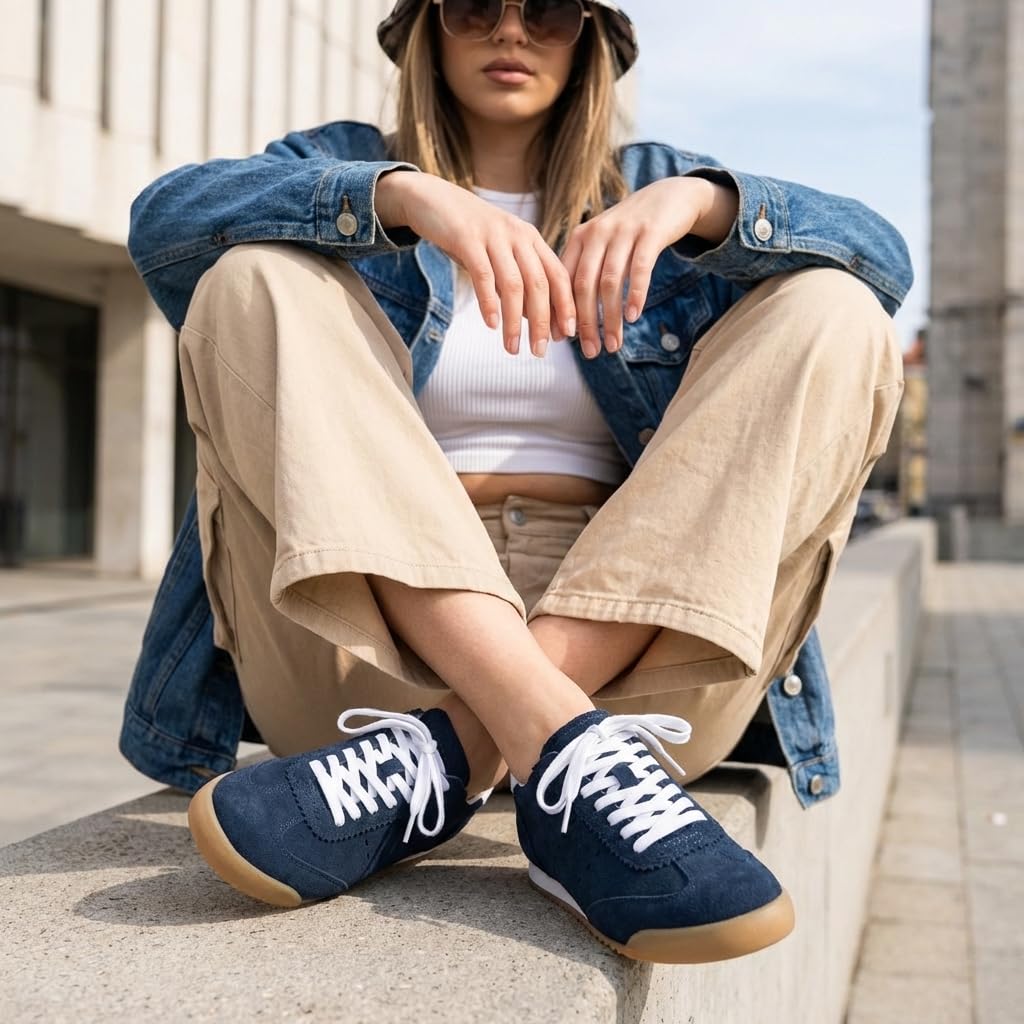 CUSHIONAIRE Topcat 100% Genuine Leather Suede Sneakers for Women, Lightweight Everyday Casual Womens Shoes with Retro Style and Cushioned Comfort, Navy 8.5