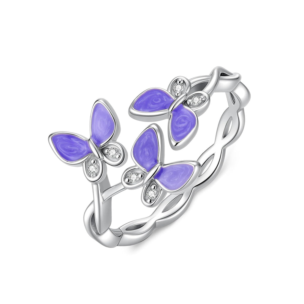 LWXIE Diamond Butterfly Rings for Women 925 Sterling Silver Purple Enamel Floral Butterfly Ring with Lab Grown Diamond Jewelry Gifts for Birthday