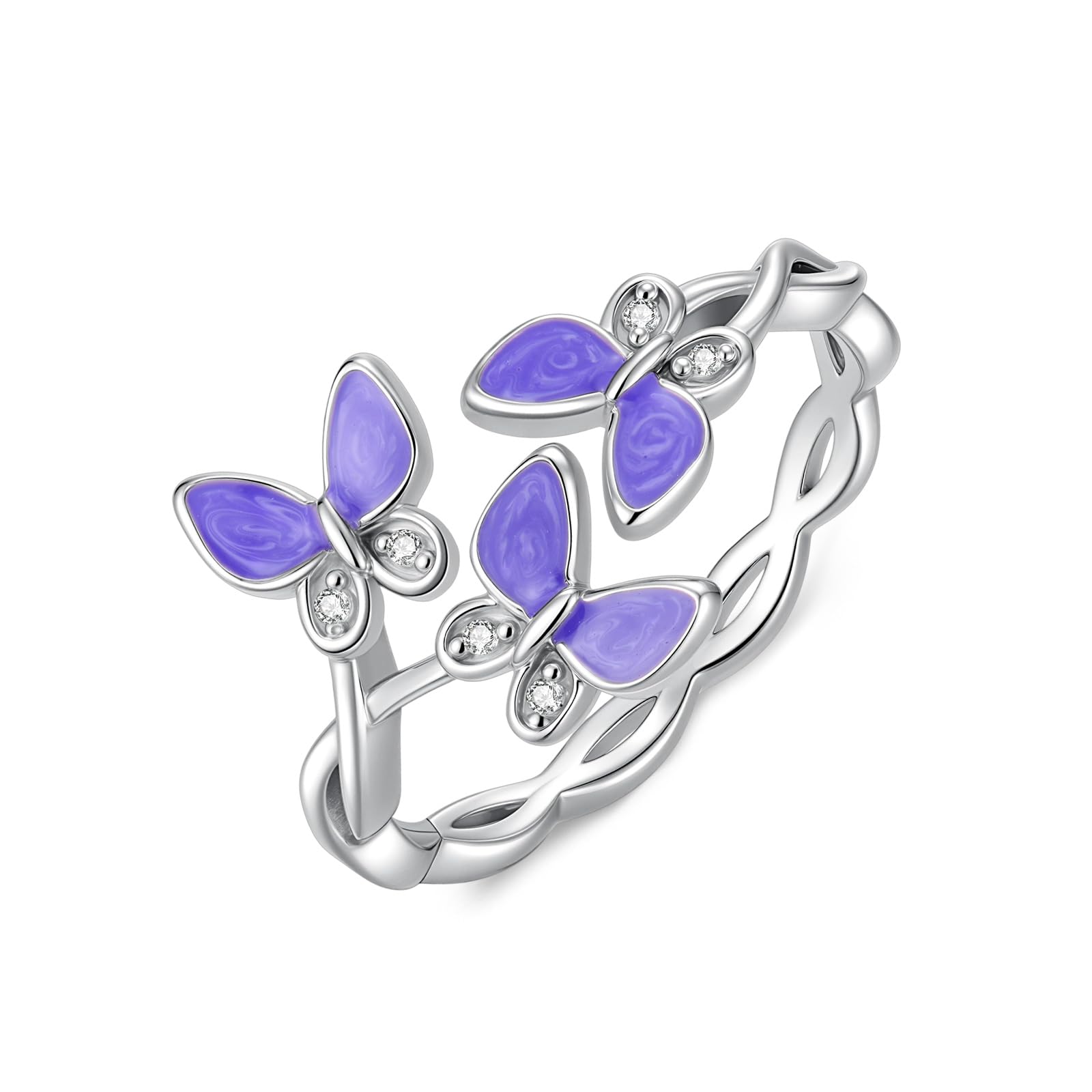 LWXIE Diamond Butterfly Rings for Women 925 Sterling Silver Purple Enamel Floral Butterfly Ring with Lab Grown Diamond Jewelry Gifts for Birthday