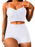 Lilosy Tummy Control Drawstring High Waisted Bikini Set String Swimsuit Spaghetti Strap Cami Top and Tie Side Shorts 2 Piece Women Bathing Suit White Small