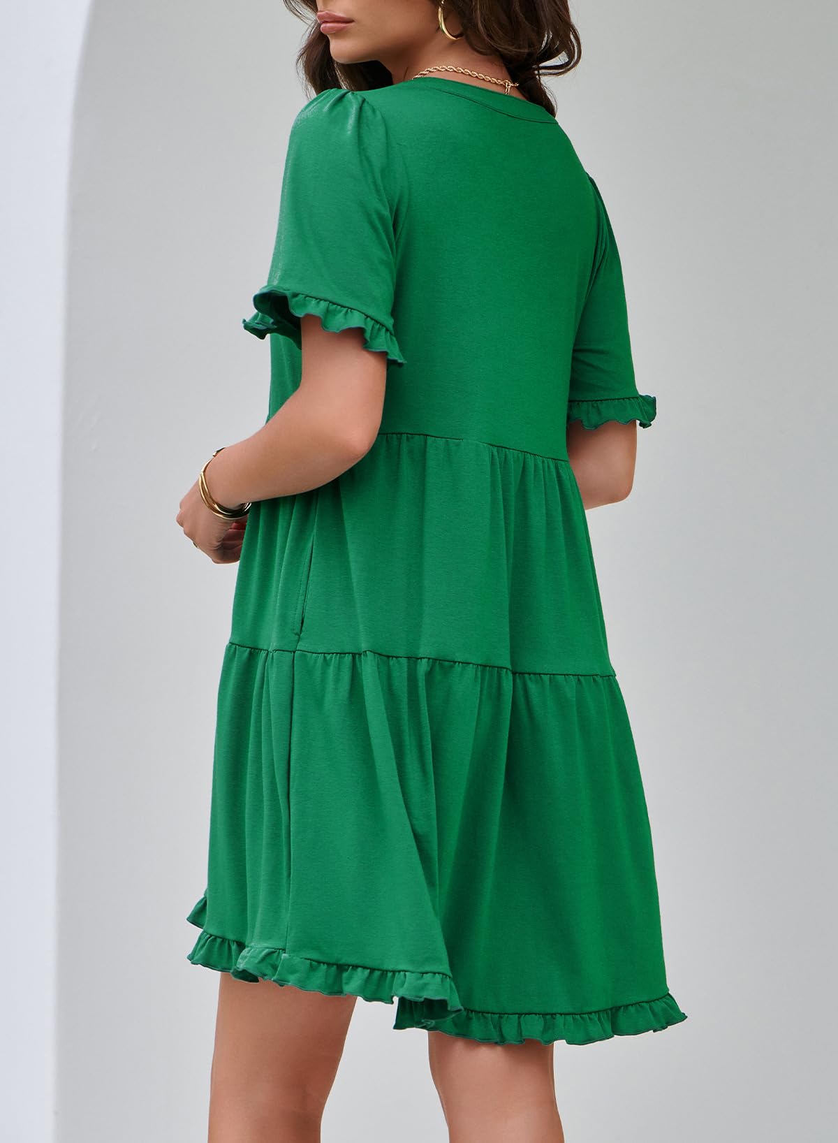 Dokotoo Summer Dresses for Women Short Sleeve V Neck Empire Waist Casual Flowy Swing Plus Size Babydoll Western Tiered Tunic A Line Dresses with Pockets Easter Kelly Green Dress L