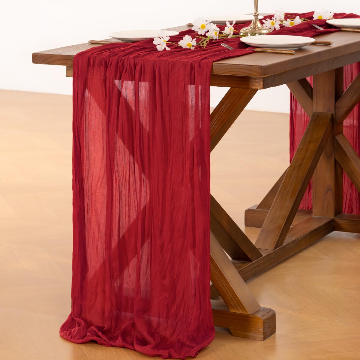 Socomi Red Cheesecloth Table Runner Valentine's Day Boho Rustic Gauze 120 inch 10FT Cheese Cloth Runner for Wedding Party Baby Shower Birthday Home Decor Holiday Decorations