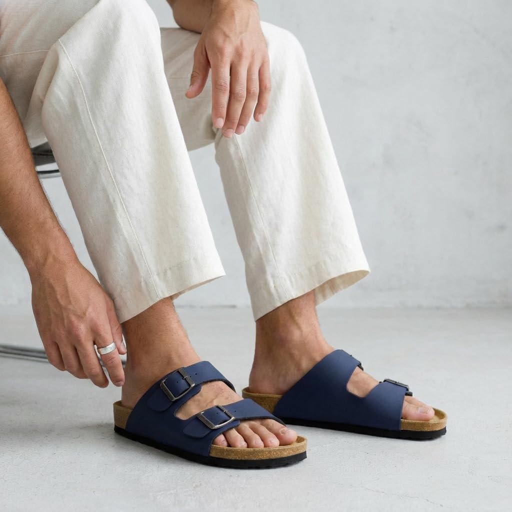 CUSHIONAIRE Lane Cork Footbed Mens Sandals, Adjustable Buckle Comfort Slides for Men, Genuine Leather Insole Summer Sandals Men Footwear, NAVY 8