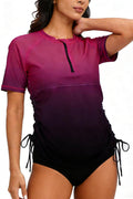 Halcurt Women's Half Zip Short Sleeve Rash Guard Swim Shirt with Tie Drawstring UPF50+ Swimsuit Top Ombre Hot Pink Black XL