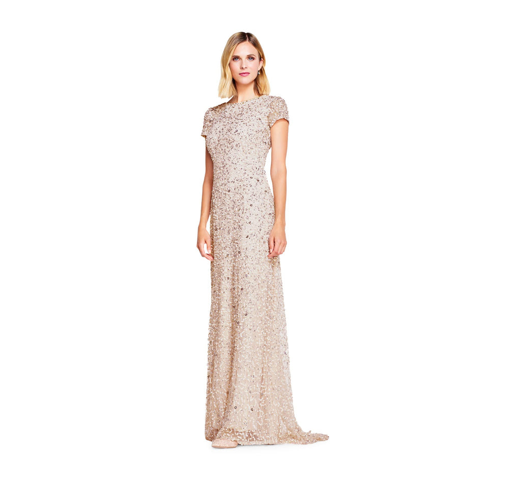 Adrianna Papell Women's Short Sleeve All Over Sequin Gown, Blush, 12