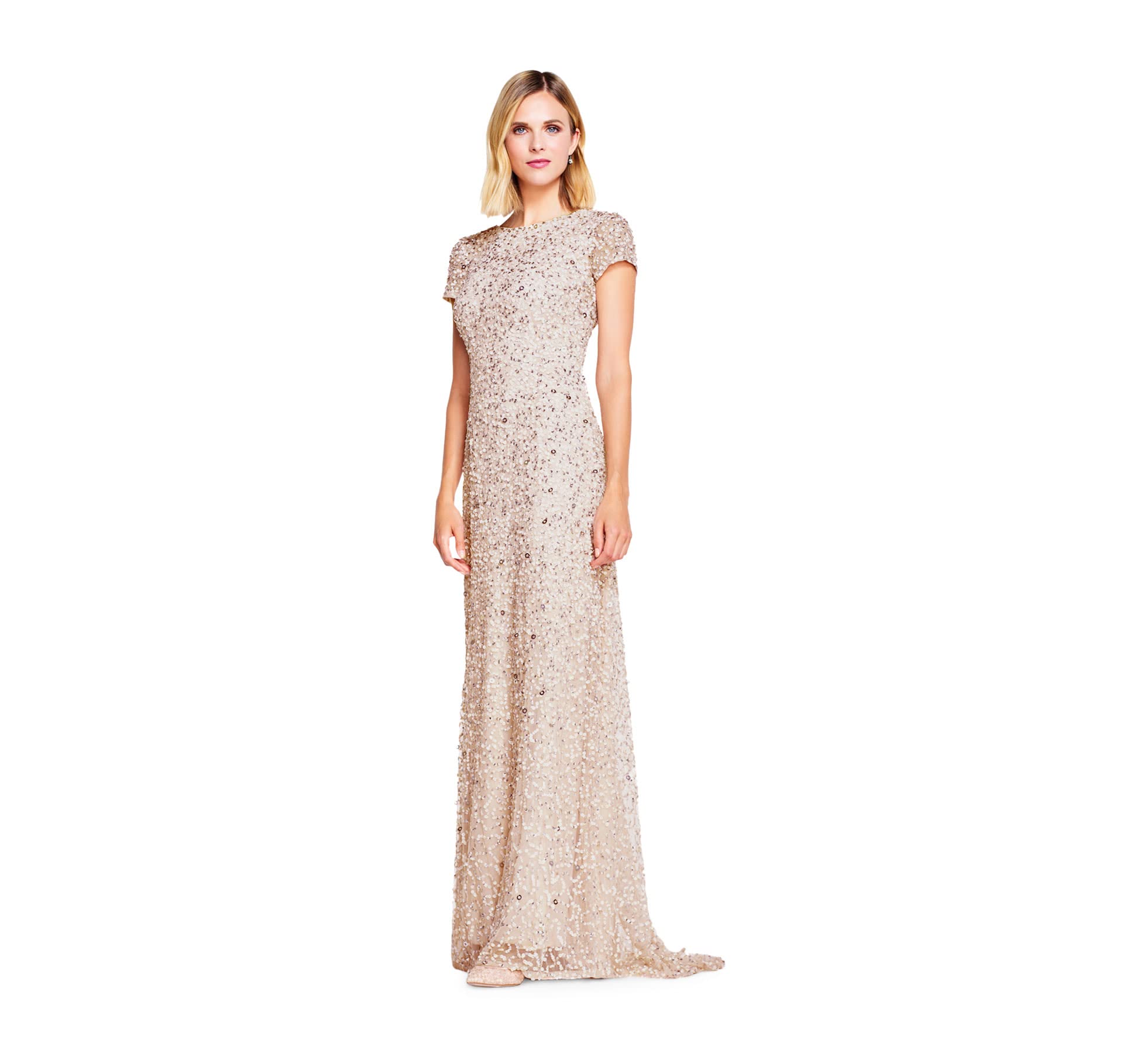 Adrianna Papell Women's Short Sleeve All Over Sequin Gown, Blush, 12