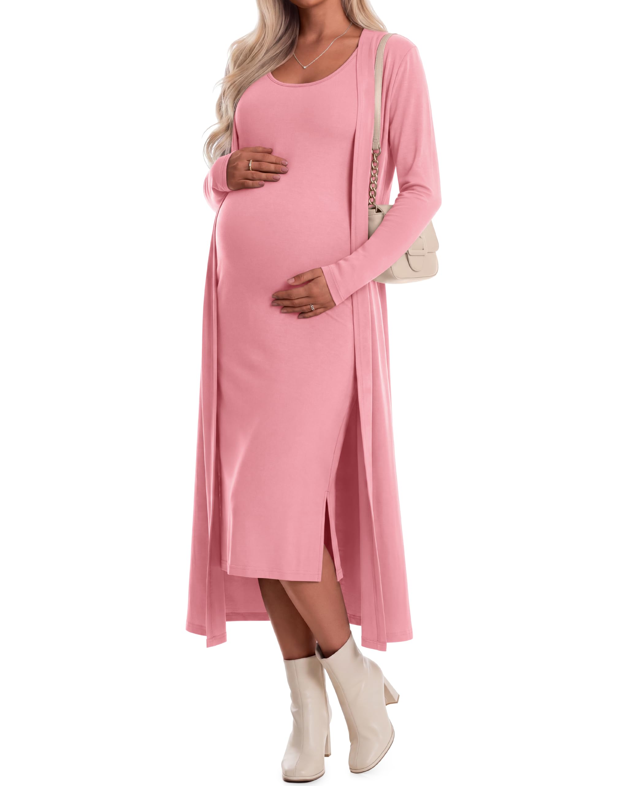 Huukeay 2 Piece Women Maternity Dress Cardigan Set, Pink, Small