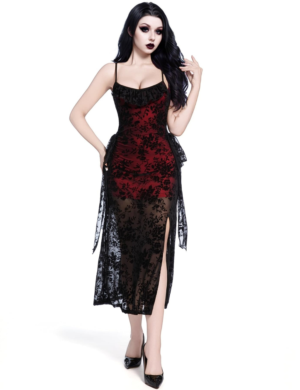 LANSHULAN Red & Black Velvet Slit Fitted Midi Goth Dress,Gothic Vintage Renaissance Halloween Dress