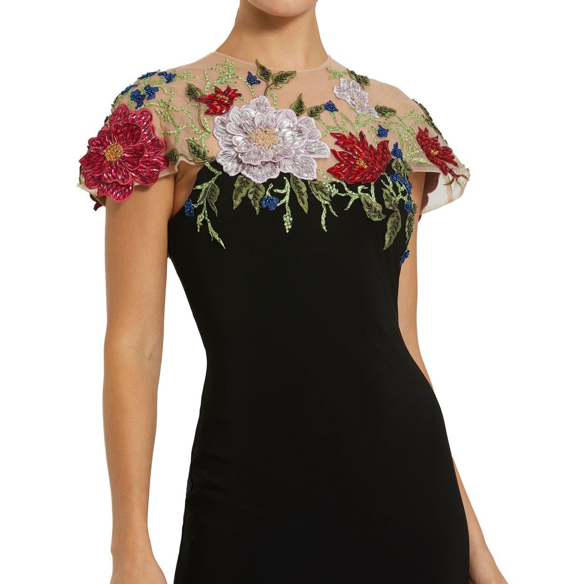 Floral Embellished Jersey Fitted Gown Black Multi