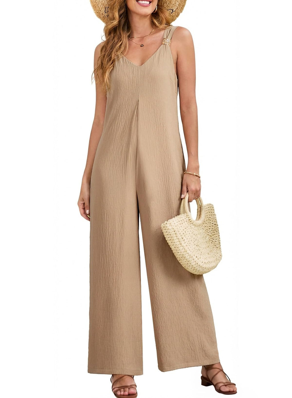 Acelitt Women's Casual 2026 One Piece Jumpsuits Dressy Fashion Spring V Neck Sleeveless Loose Wide Leg Long Pant Rompers Outfits Beige Large