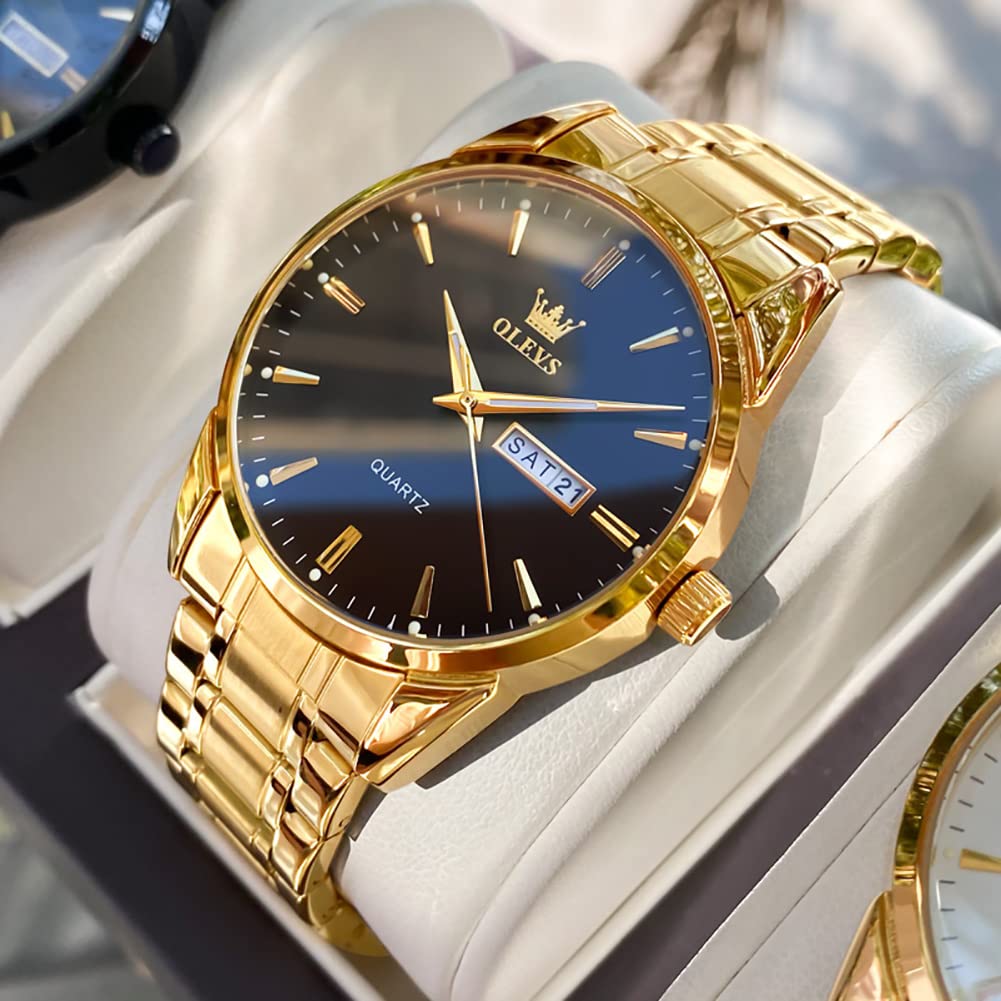 OLEVS Watch Men Gold Watches for Men,Mens Watches Luxury Waterproof Stainless Steel Business Classic Watch for Mens Gold Watch With Black Big Face Day Date Classic Watches Men's Wrist Watches,relojes para hombres