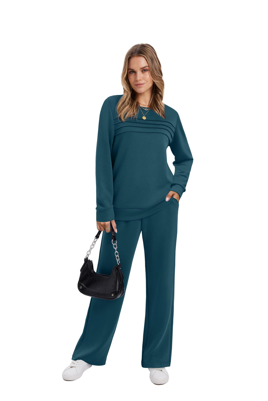 WIHOLL Women's Two Piece Sets Winter Long Sleeve Travel Outfits Trendy Lounge Tracksuit Fall Wide Leg Sweatpants Matching Sweat Set Blue M