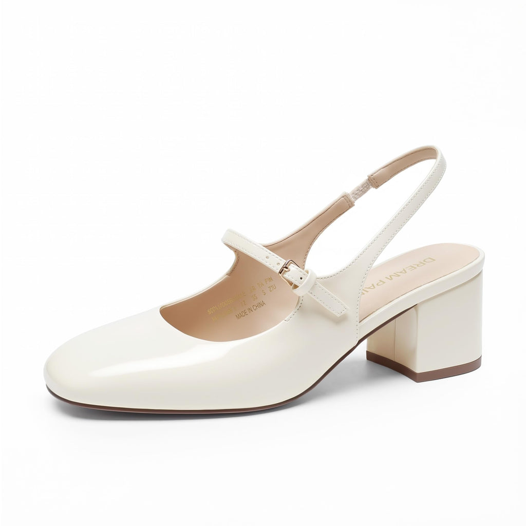 DREAM PAIRS Women's Mary Jane Low Chunky Heels Slingback Closed Square Toe Dress Shoes Wedding Party Work Office Pumps Shoes,Size 7.5,Beige,SDPU26005W