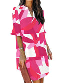 QACOHU Women's Ruffle Dresses Short Sleeve V-Neck Straight Casual Boho Elegant Simple Tunic Dress Pink White Block L