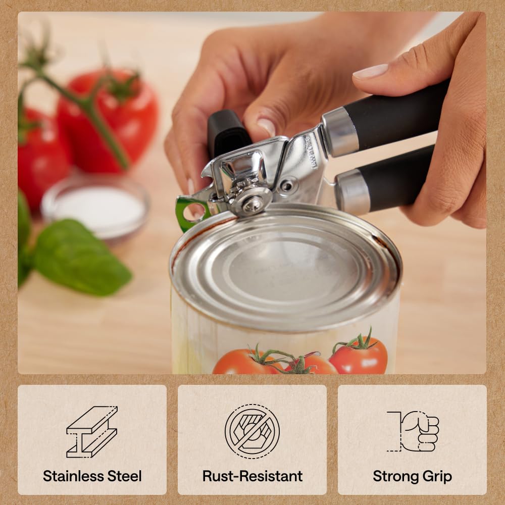 GORILLA GRIP Heavy Duty Stainless Steel Smooth Edge Manual Can Opener and Bottle Openers, US Designed, Soft Comfortable Handle, Oversized Handheld Turn Knob, Multifunctional Kitchen Tool, Black