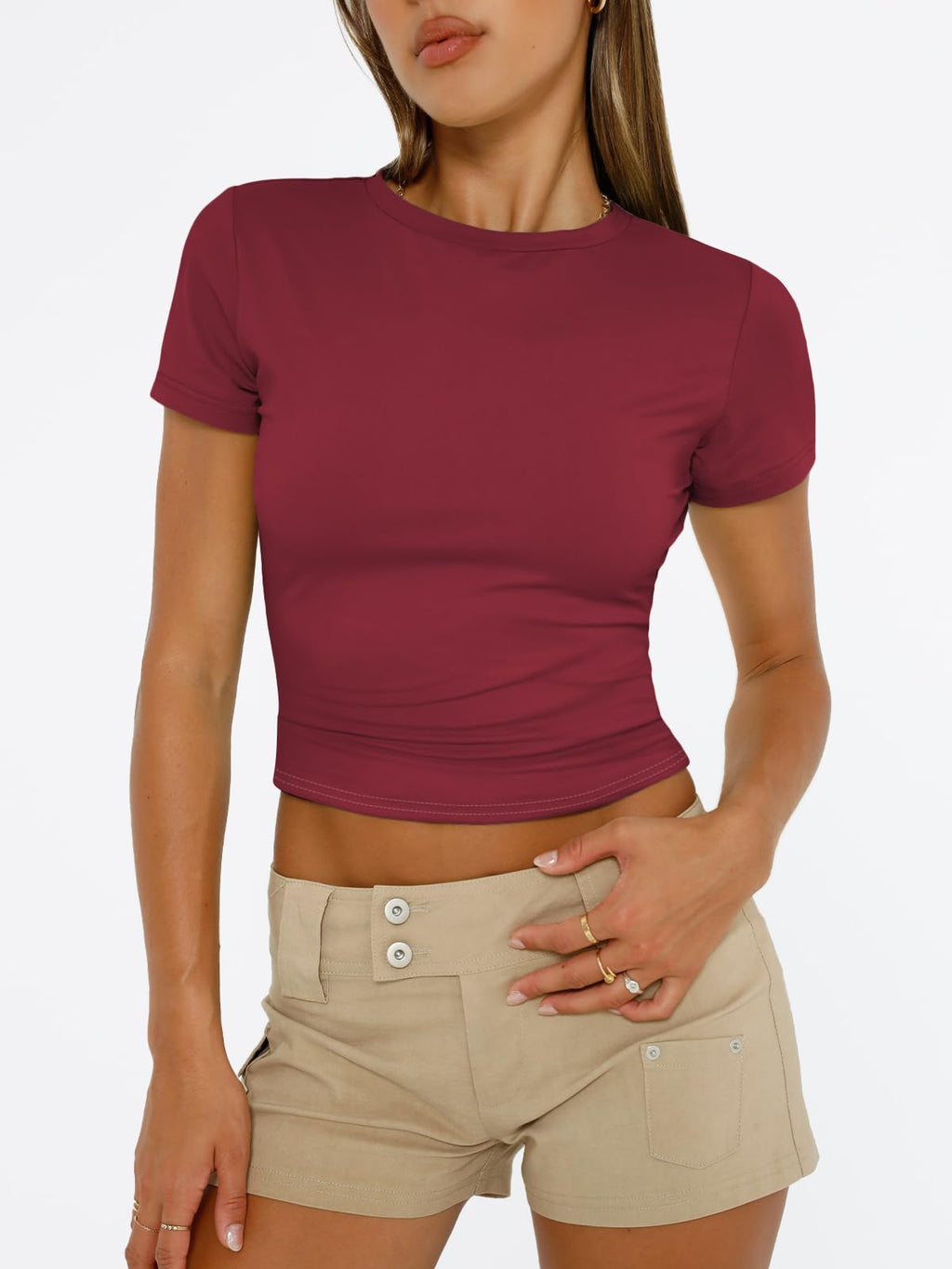 Trendy Queen Womens Short Sleeve T Shirts - Buttery Soft Summer Crop Tops Slim Fit Y2k Basic Tees for Workout Burgundy M