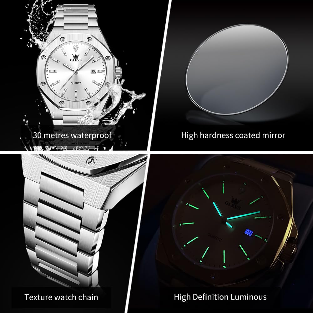 OLEVS Watch Men Luxury Silver Stainless Steel Dress Wrist Analog Quartz Waterproof Watches for Men Fashion Luminous Nice Large Face Minimalist Mens Watches Relojes para Hombres