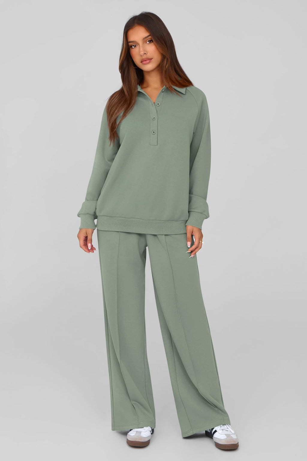PRETTYGARDEN Women Fall 2 Piece Outfits Sweatsuits Quarter Button Long Sleeve Sweatshirt Wide Leg Pants Tracksuit Lounge Sets(Bean Green,Small)