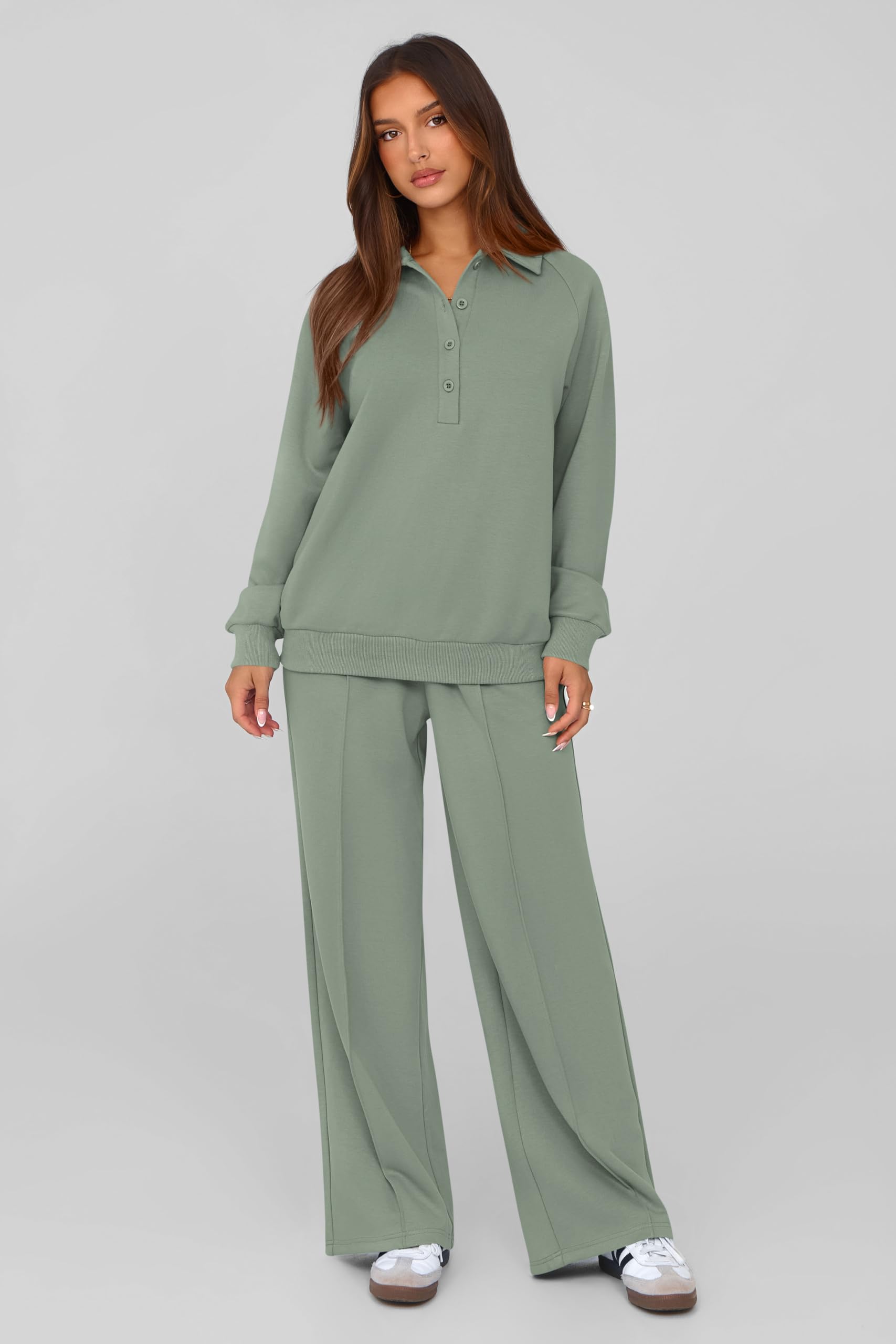 PRETTYGARDEN Women Fall 2 Piece Outfits Sweatsuits Quarter Button Long Sleeve Sweatshirt Wide Leg Pants Tracksuit Lounge Sets(Bean Green,Small)