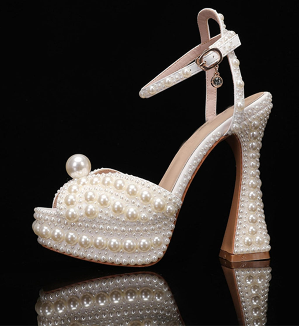 Minishion Womens Platform Wedding Shoes Slingback High Heel Party Evening Sandals with Pearl LH003 Ivory US 8