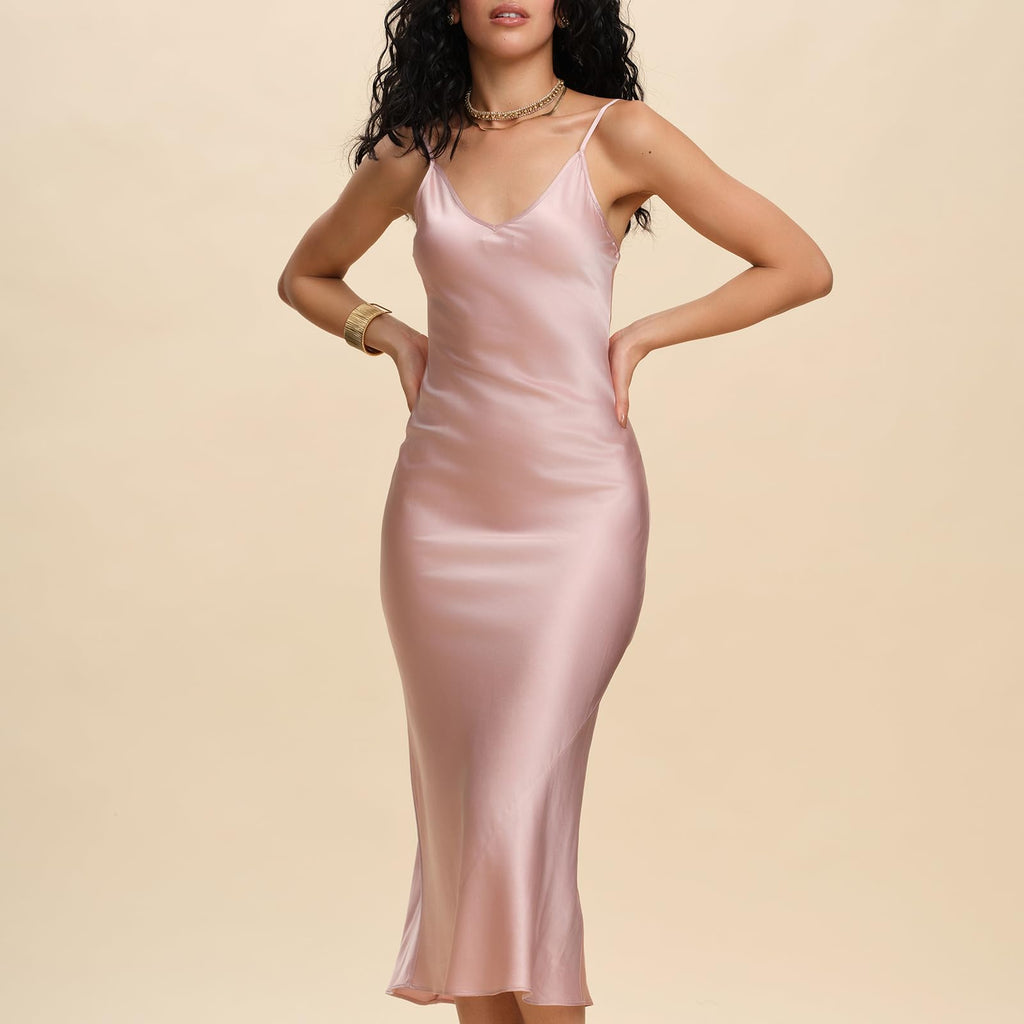 MOLISILK Pure Mulberry Silk Dress for Women Summer Slip Long Dress A Line Sleeveless Cocktail Guest Party V-Neck Sexy Dresses Formal Elegant Evening Spaghetti Strap Nightgown,Pink,XS