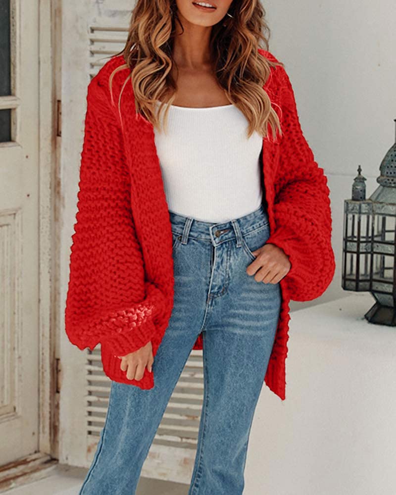 Cicy Bell Women's Open Front Chunky Knit Cardigan Loose Lantern Sleeve Oversized Sweater Coats (Red,X-Large)