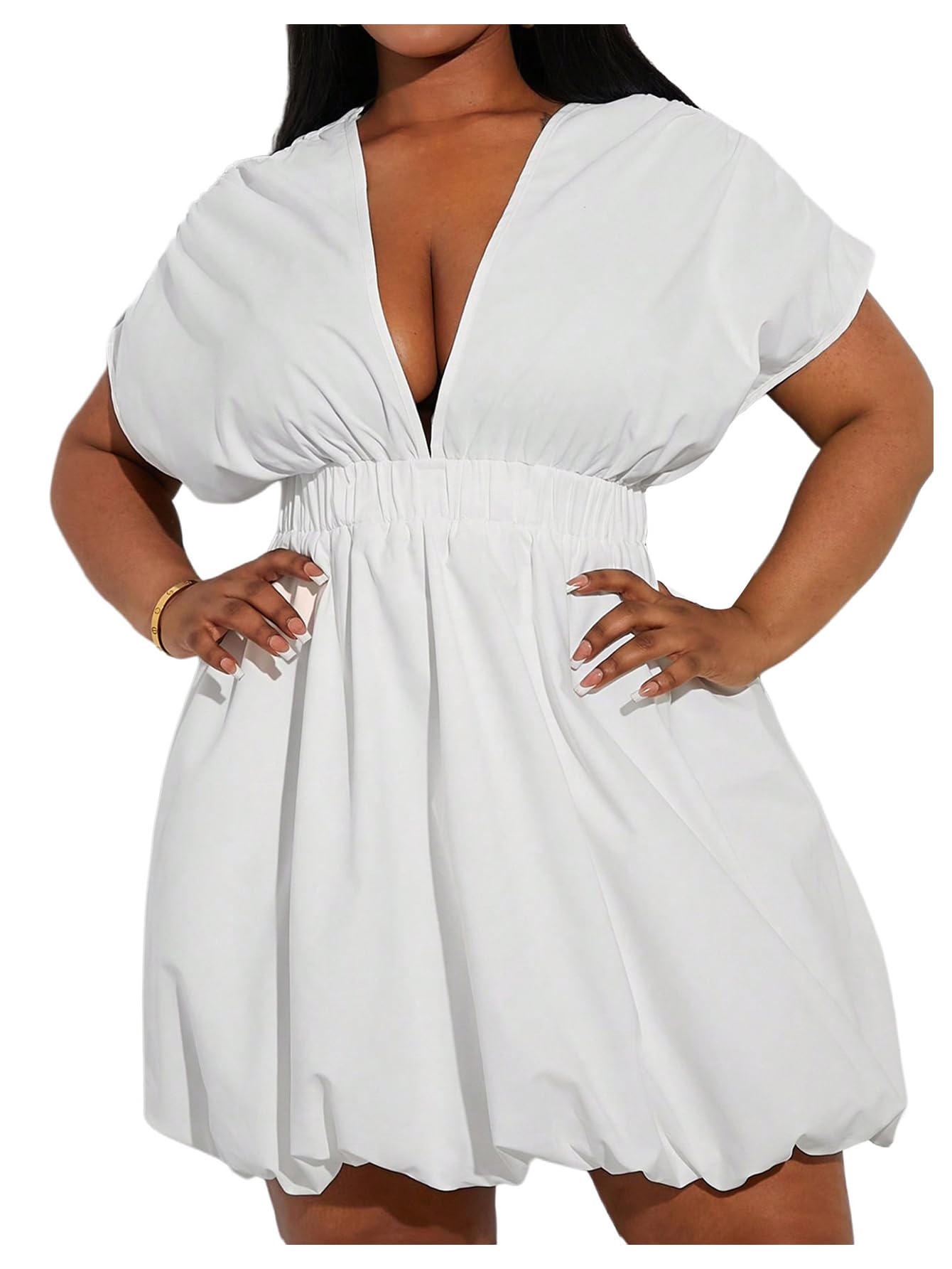 WDIRARA Women's Plus Size Deep V Neck Bubble Dress Short Sleeve A Line Mini Dresses White XX-Large Plus