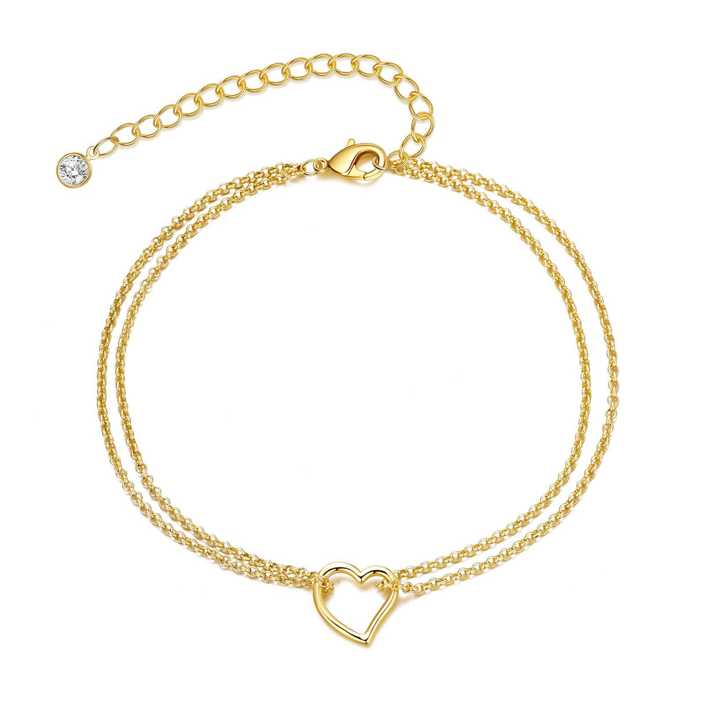 Bheop Bracelets for Women 14K Real Gold Plated Bracelet Dainty Love Heart Charm Pendant Stackable Link Chain Hypoallergenic Body Jewelry Cute Trendy Gifts