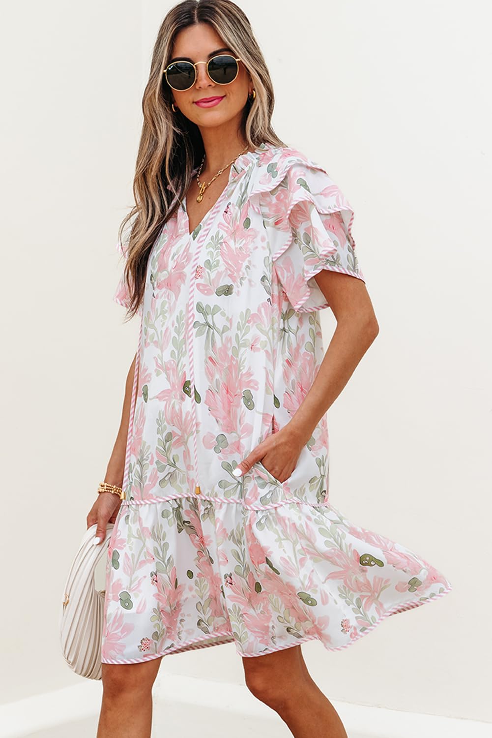 Dokotoo Summer Dresses for Women 2026 Boho Floral Print Ruffle Short Sleeve V Neck Drawstring Tie Casual Elegant Bohemian Cute Flowy Babydoll Sun Dress Party Wedding Guest Sundresses Pink Small