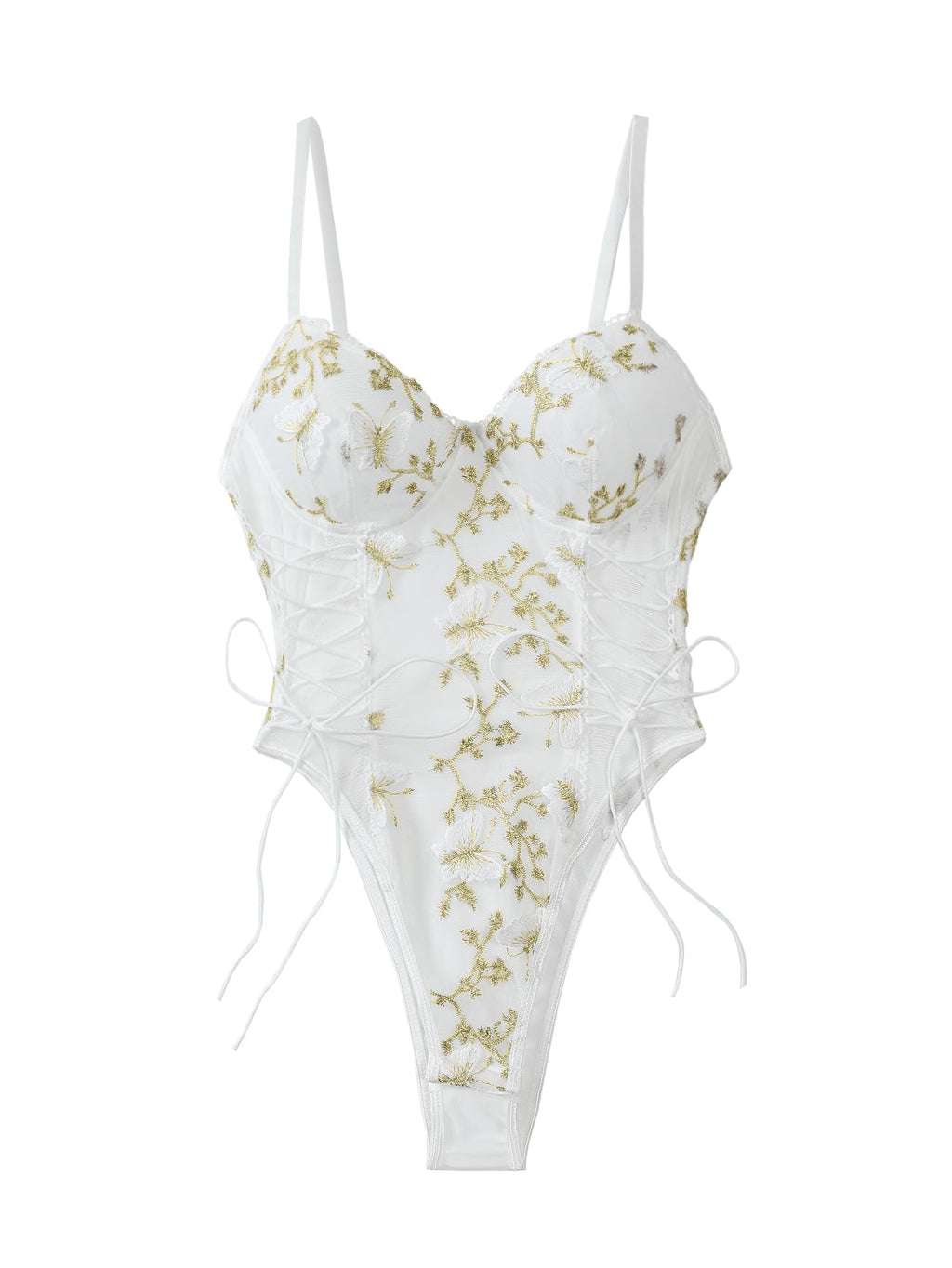 Lilosy Women Sexy Lace Up Butterfly Embroidered Teddy Babydoll Lingerie Bodysuit Top Mesh Sheer One Piece See Through Light Butterfly White Medium