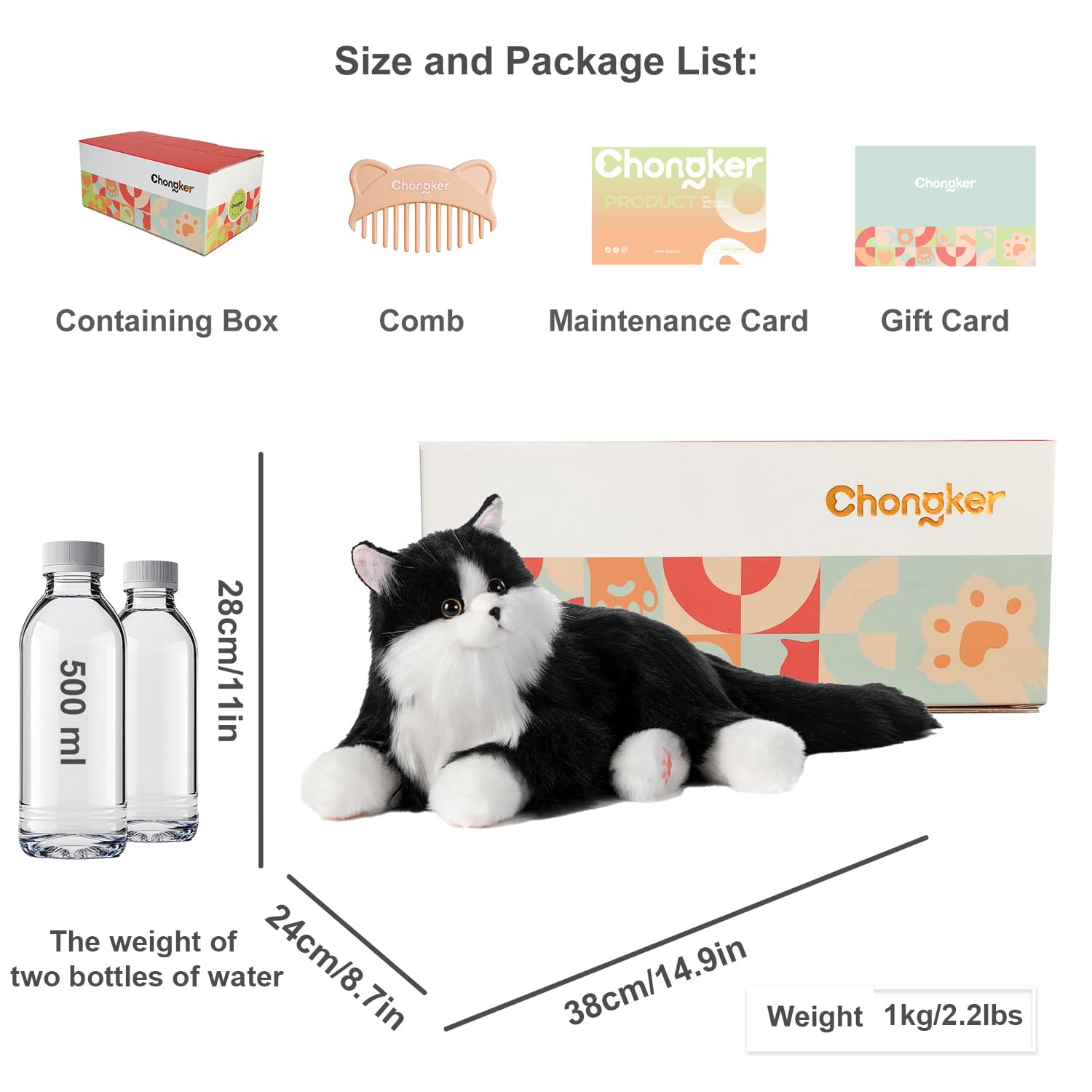 Chongker Interactive Companion Robot Cat Pets, Handmade Weighted Stuffed Animals, Cat Plush Toy with Voice Response, Realistic Heartbeat and Purring, Black Cat