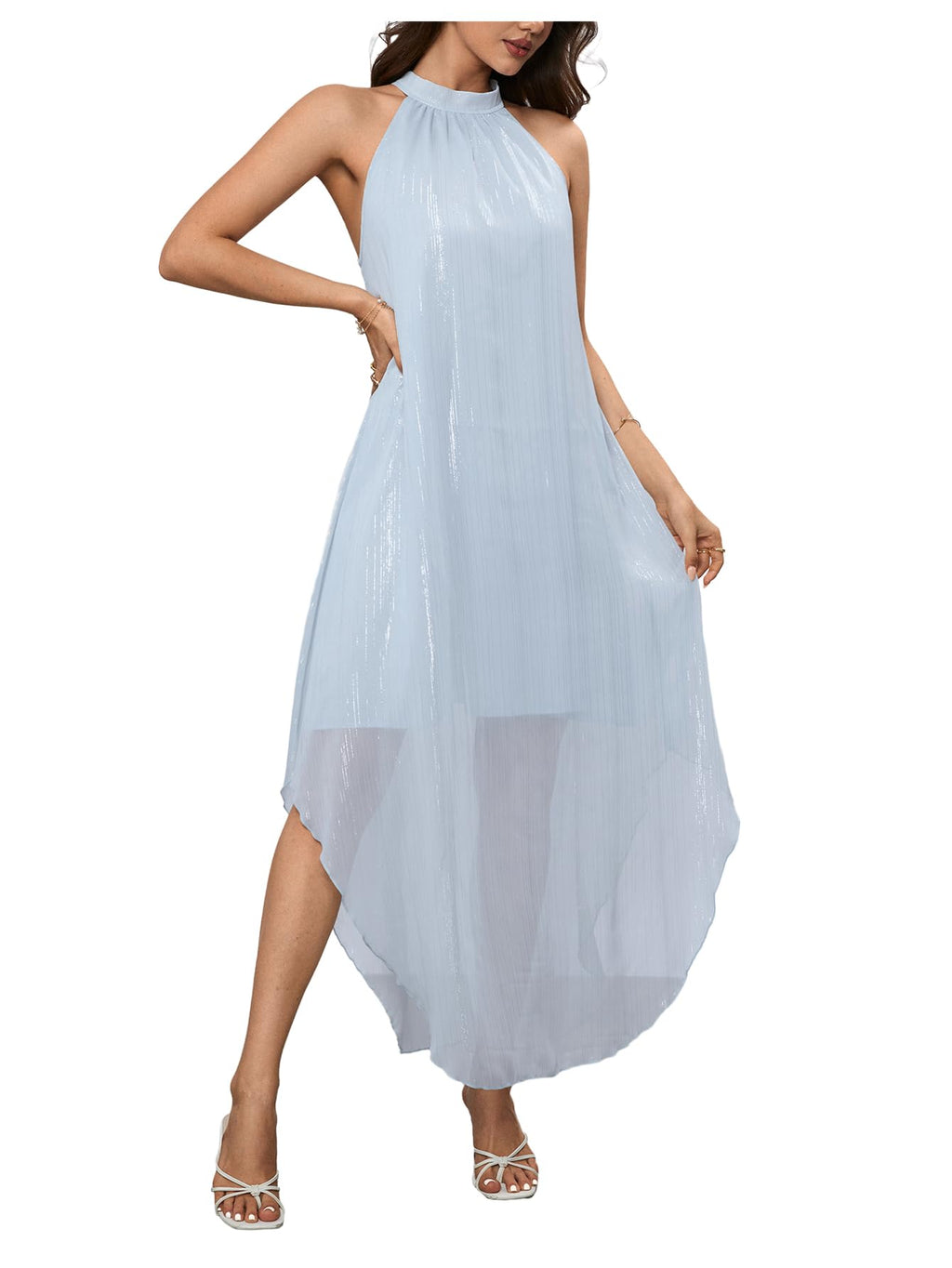 Verdusa Women's Wedding Guest Dress Halter Flowy Chiffon Asymmetrical Long Summer Prom Dress Sequin Light Blue X-Large