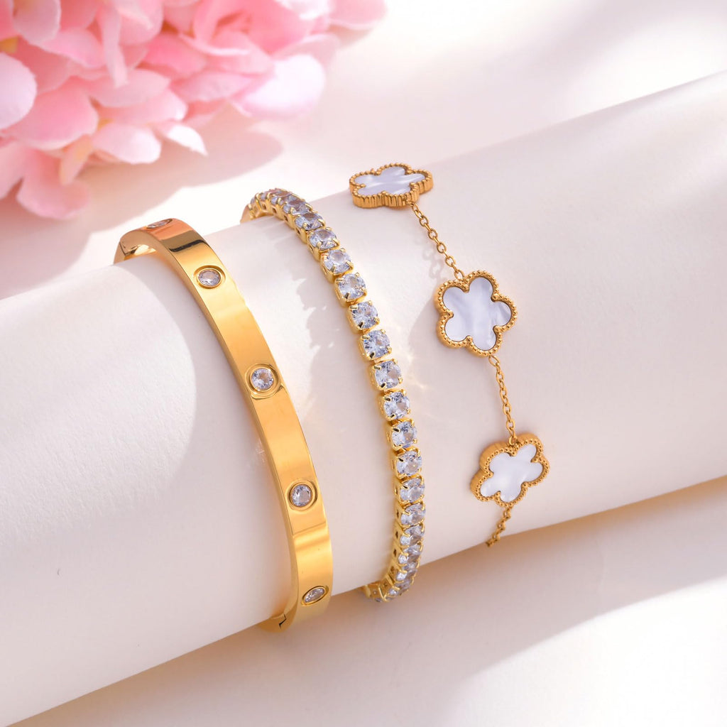 MPRAINBOW 18K Gold Plated Stainless Steel Womens Stackable Floral Bracelet Set, Bangle Chain Non Tarnish, Trendy Jewelry Gifts for Girlfriend, Christmas, Valentines, Birthday, White, 3Pcs