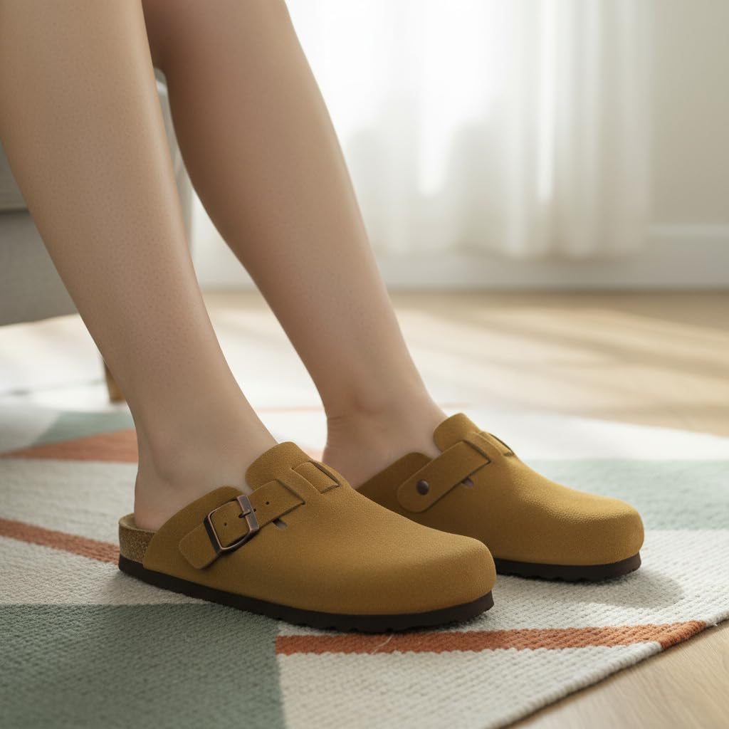 CUSHIONAIRE Hana - Genuine Leather Suede Classic Clog Womens Shoes - Slip On Mule Comfortable Shoes for Women, CAMEL 11