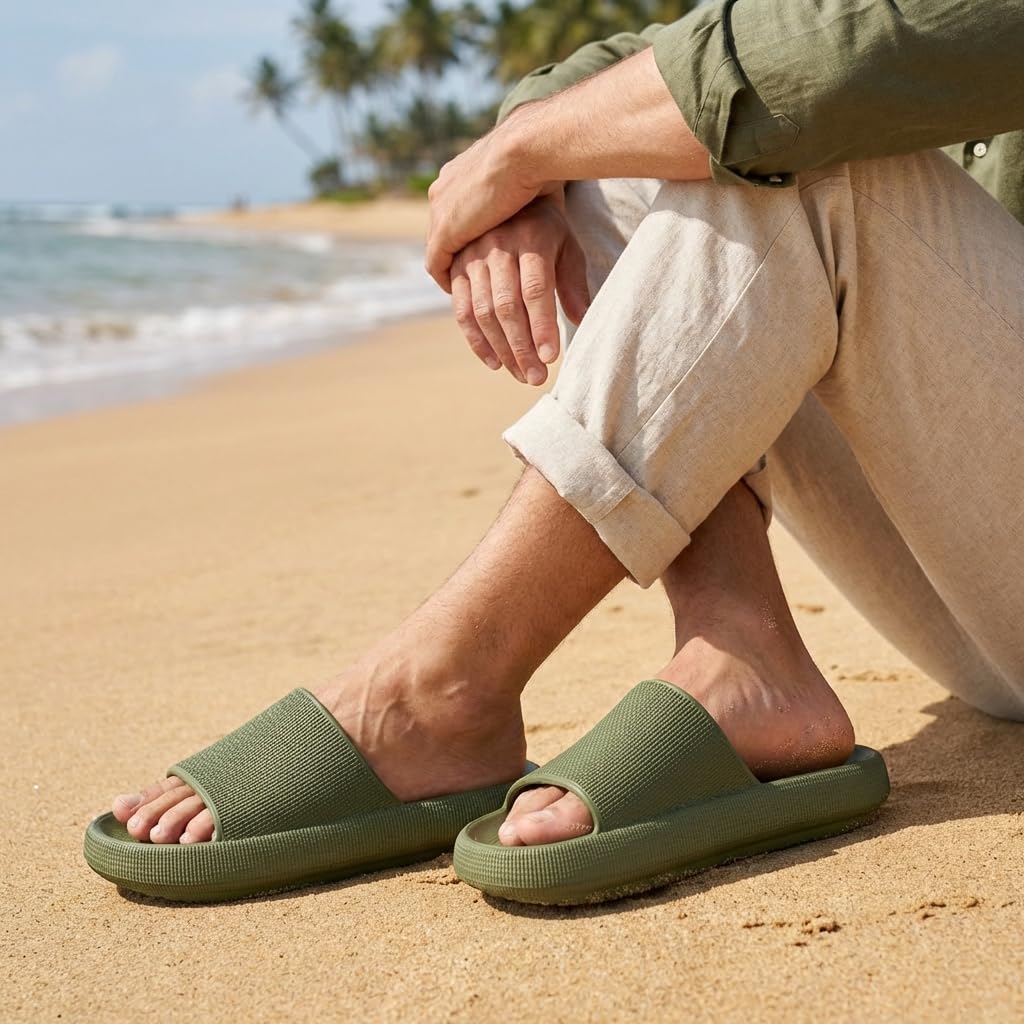 CUSHIONAIRE Feather EVA Mens Sandals – Slip On Recovery Slides, Lightweight Water Shoes for Men, GREEN 12