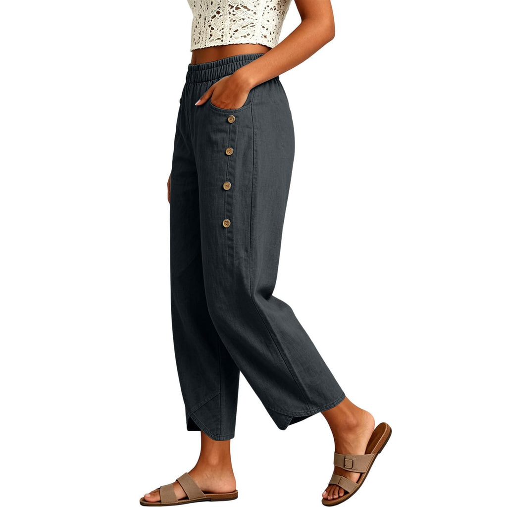 Wide Leg Pants for Women Elastic Waist Cotton Linen Wide Leg Pants Womens Baggy Side Button Split Hem High Waist Trousers Beach Vacation Outfits Plus Size Linen Cropped Wide Leg Capri Dark Gray M