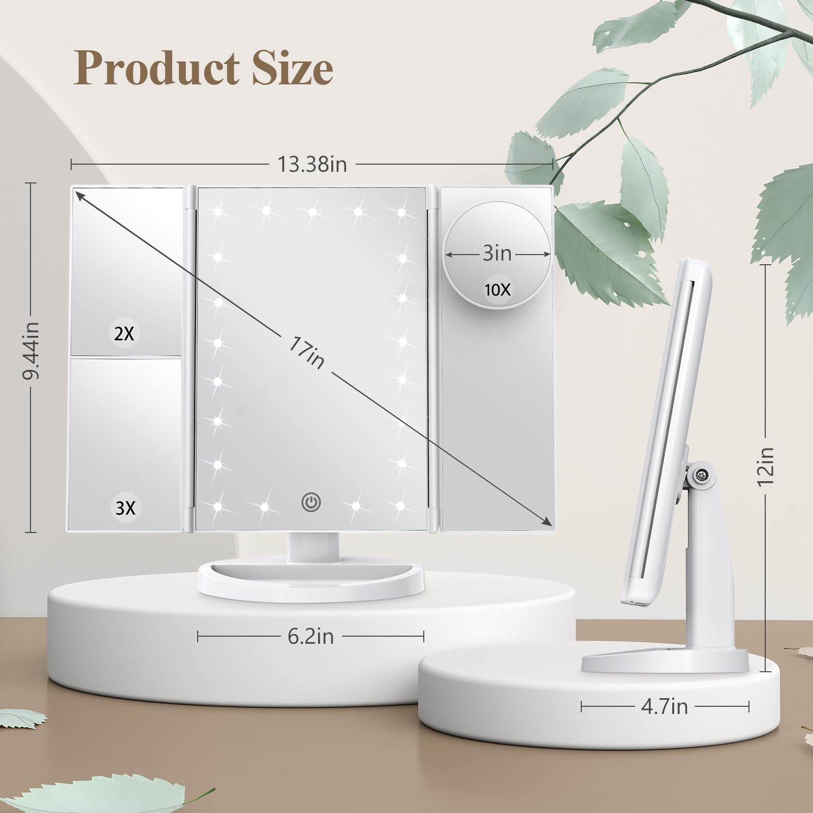 HUONUL Makeup Mirror, Vanity Mirror with Lights, 2X/3X/10X Magnification, Touch Control, Trifold Mirror, Dual Power Supply, Valentines Day Gifts for Her,Gifts for Women, Wife, Mom, Teengirls